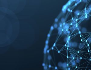 Digital network sphere made of glowing blue connection points and lines on a dark background