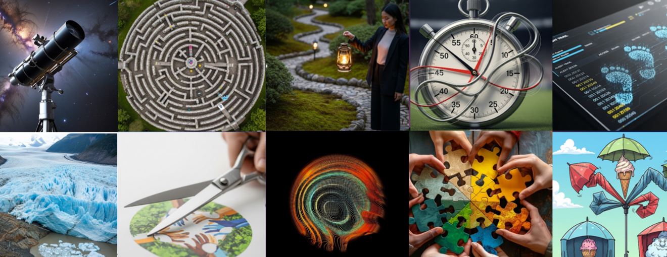 Collage of various themed images including a telescope in space, a circular maze and a  lantern-lit garden path
