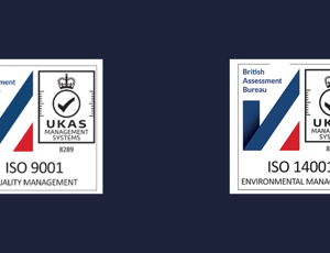 Certification badges for ISO 9001 and ISO 14001 displayed side by side on a dark background.