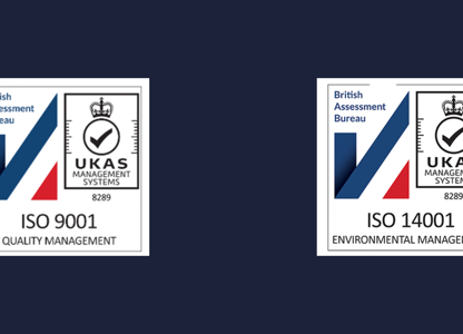Certification badges for ISO 9001 and ISO 14001 displayed side by side on a dark background.
