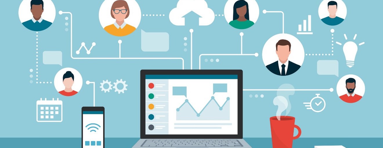 Graphic of a laptop displaying data charts, connected by lines to various profile icons