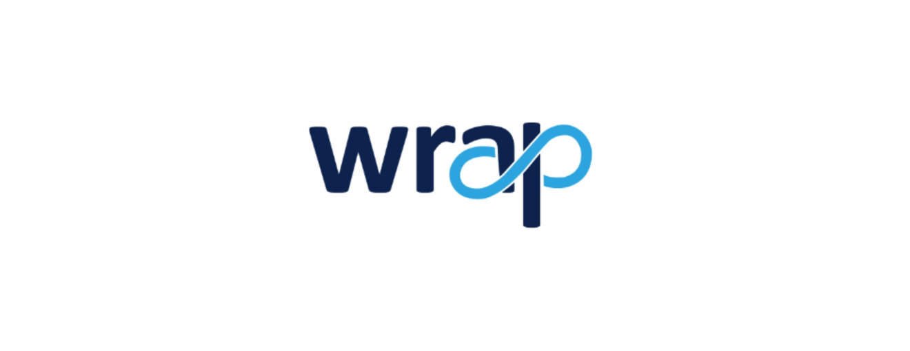 WRAP logo displayed in dark blue and light blue lettering with a looping infinity-style design on a white background