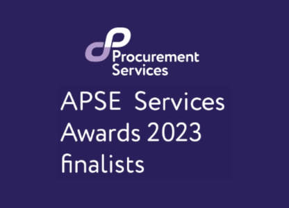 Procurement Services logo above the text ‘APSE Services Awards 2023 finalists’ on a dark purple background