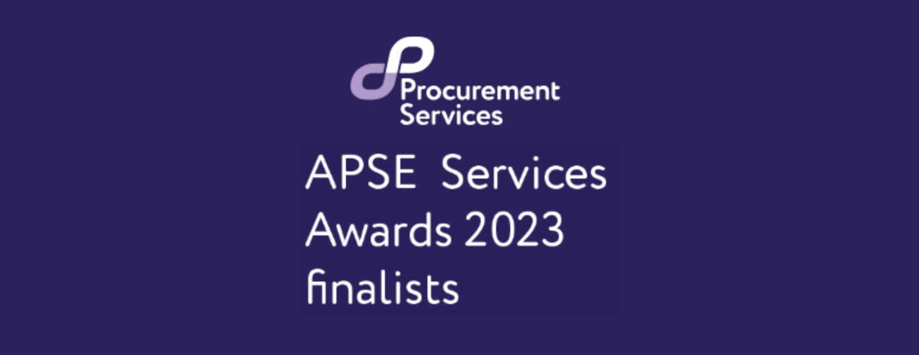 Procurement Services logo above the text ‘APSE Services Awards 2023 finalists’ on a dark purple background