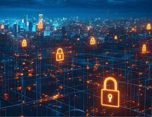 City skyline at night overlaid with glowing digital padlock icons