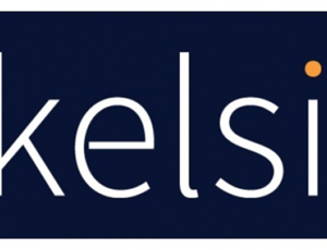 White Kelsi logo on a dark blue background