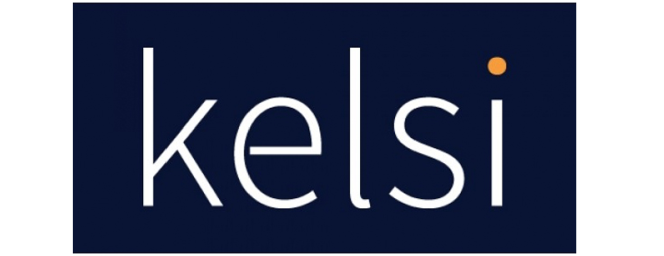 White Kelsi logo on a dark blue background