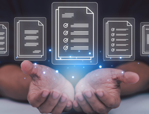 Person holding out their hands beneath floating digital document icons, symbolising electronic records and workflow management