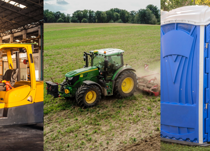 Three‑panel image showing a yellow forklift inside a warehouse, a green tractor working on farmland, and a row of blue portable toilets outdoors