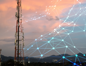 Telecommunication tower at sunset with an overlay of digital network connection lines